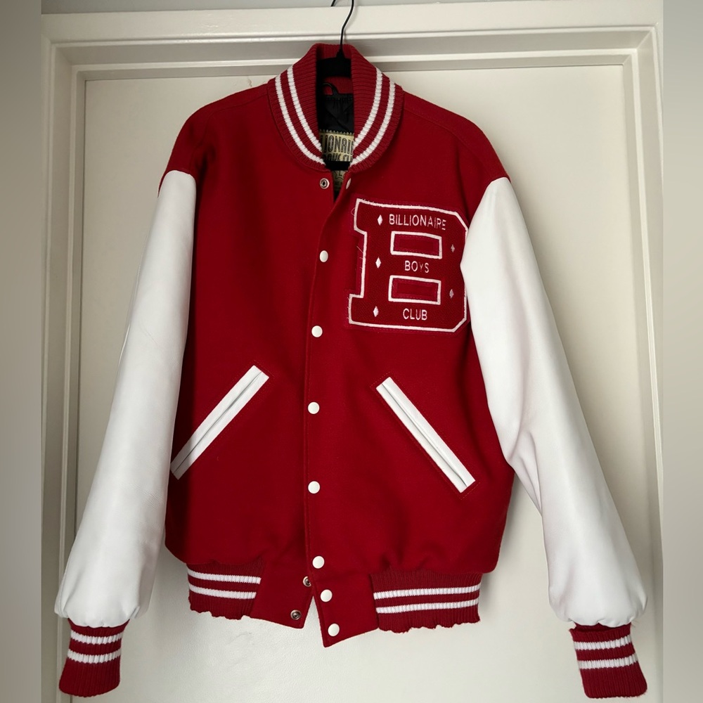Billionaire Boys Club Red White Leather Sleeve Wool Bomber Jacket
